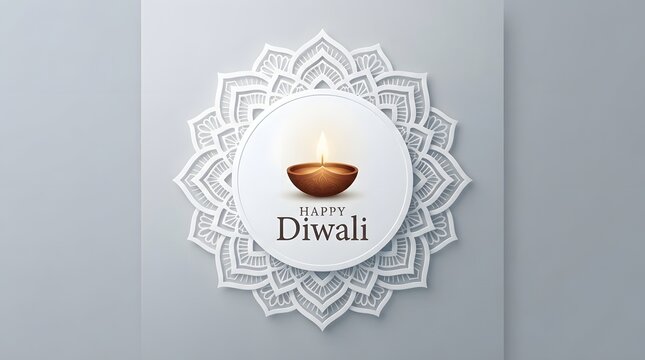 Minimalist happy diwali greeting card design with a single lit diya lamp centered on an elegant white papercut mandala background