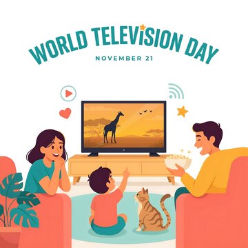 Television day, november 21, family watching wildlife documentary on tv in living room setup