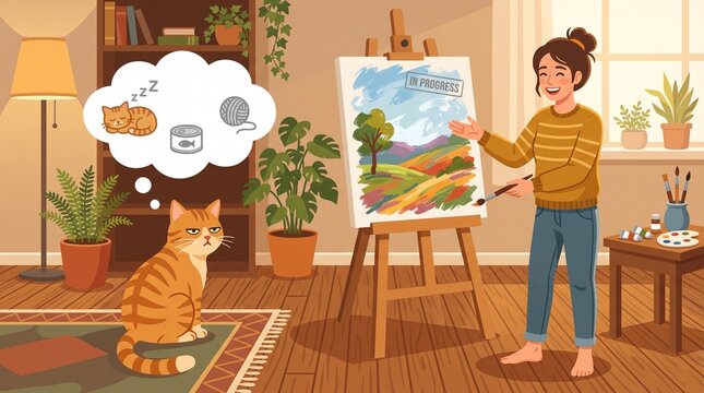 Proud female artist showing in progress painting to funny unimpressed cat vector illustration