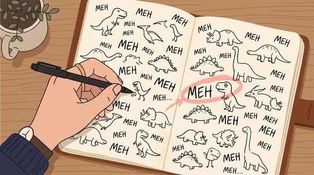 Hand drawing funny unamused dinosaur doodles with meh text in notebook vector illustration
