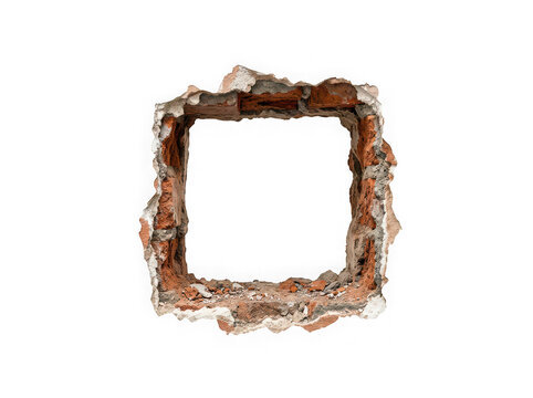 Square hole broken through a red brick wall isolated on transparent background