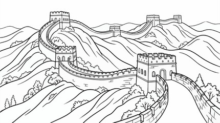 Black and white line art illustration of a winding ancient wall with watchtowers across rolling hills, graphic style © Fika