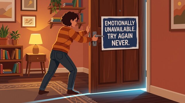 Vector illustration of a person holding a door closed with an emotionally unavailable sign concept