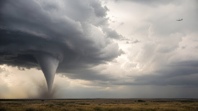 Tornado Developing Beneath Supercell With Distant Aircraft