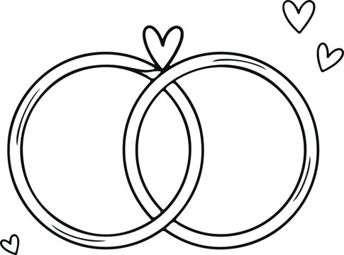 Hand-drawn interlocking wedding rings with floating hearts symbolizing eternal love and commitment