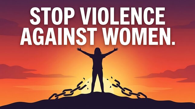 Silhouette of woman raising arms against violence with bold protest message on sunset background