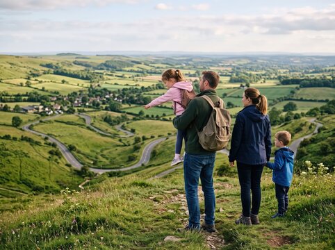 Family hiking travel moment green hilltop looking valley landscape view