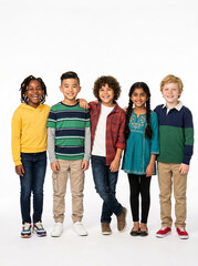 Obraz premium Diverse group of five happy children standing together with arms around each other on a white background