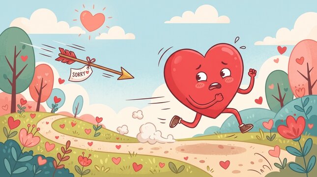 Cute Cartoon Heart Character Running Away from Flying Sorry Arrow Illustration