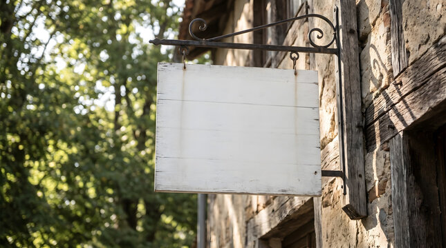 Vintage blank white wooden hanging sign mockup on wrought iron bracket attached to rustic old stone and timber wall