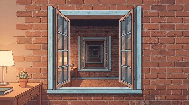 Surreal Infinite Loop Window on Brick Wall Optical Illusion Illustration