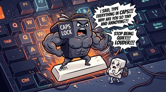 Funny Cartoon Muscular Caps Lock Key Shouting at Scared Shift Key