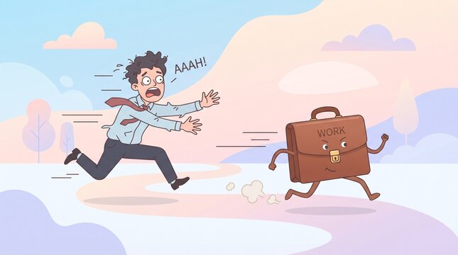 Scared businessman running away from living briefcase work vector illustration