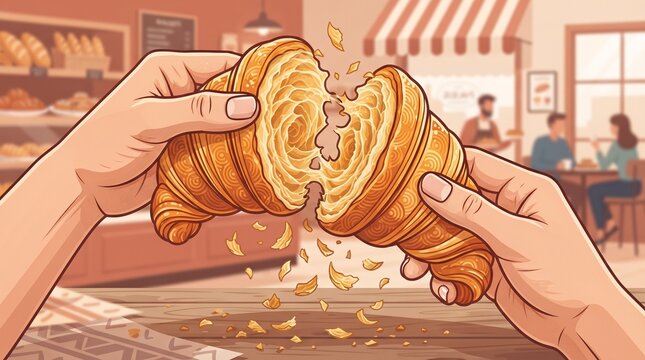 Hands pulling apart golden flaky croissant in bakery cafe vector illustration
