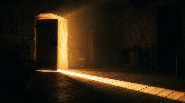 Dramatic sunlight beam through arched doorway casting long shadows in empty room