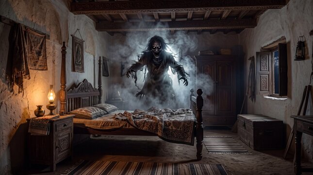 A frightening and terrifying ghostly female apparition manifests within a dark and deteriorating antique bedroom during the stillness of the night