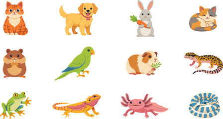 Obraz premium Cute Domestic Pets and Exotic Animals Vector Icon Set Featuring Cartoon House Pets, Reptiles, and Amphibians for Veterinary, Kids Crafts, and Digital Media