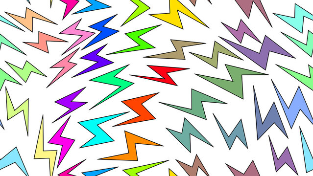 Seamless pattern featuring colorful lightning bolts scattered on a white background.