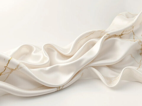 Close-up of luxurious white satin fabric with gold veining, draped in soft folds and ripples