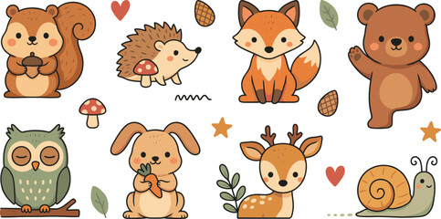 Fototapeta premium Cute Kawaii Woodland Animals Vector Element Set Featuring Cartoon Forest Wildlife and Nature Icons for Kids Crafts, Nursery Decor, and Stickers