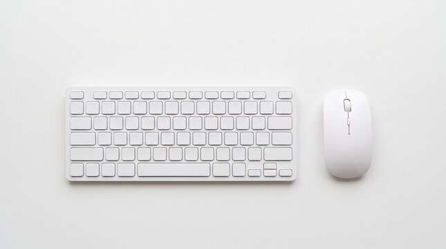 Minimalist Workspace Essentials: A clean and modern white keyboard and mouse set, perfectly arranged on a white surface, representing digital tools for productivity and technology.