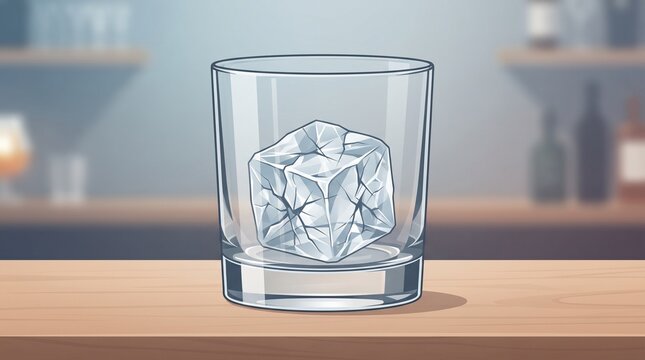 Single ice cube in empty glass on bar counter vector illustration