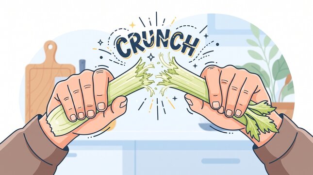Hands snapping celery stalk with crunch sound effect vector illustration