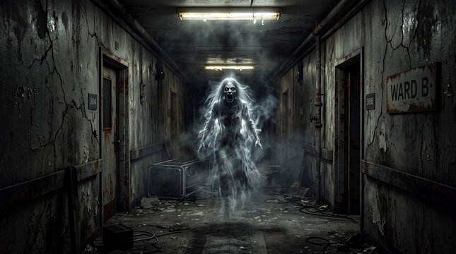 A frightening and unsettling image of a spectral ghostly form appearing within a dark and deteriorating institutional corridor creating a sense of