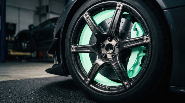 Carbon fiber car wheel with bright green brake caliper in workshop
