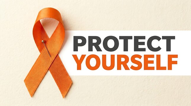 Red awareness ribbon with bold text urging self-protection and health safety measures