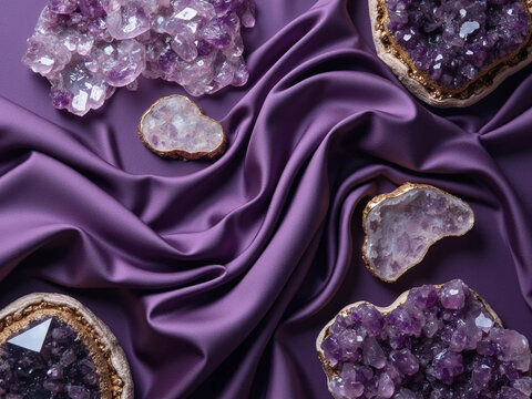Purple amethyst crystals on elegant draped satin fabric