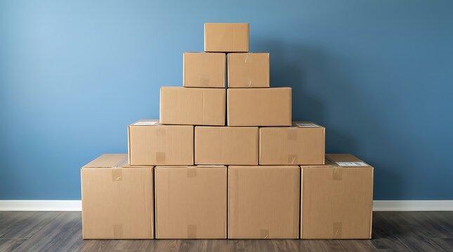Stacked cardboard boxes in minimalist blue background for shipping and storage solutions
