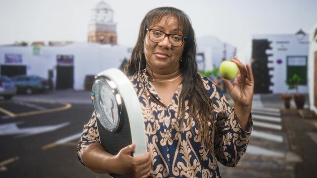 Woman holding bathroom scale and green apple on street, wearing patterned blouse and glasses, holding scale close to body; resignation acceptance.