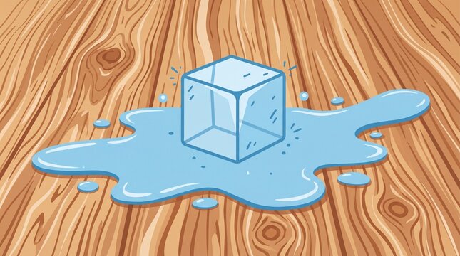 Cartoon style melting ice cube in a puddle of water on a wooden table vector illustration