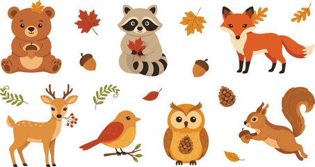 Obraz premium Cute Woodland Animals Vector Icon Set Featuring Cartoon Forest Wildlife and Autumn Leaves for Nursery Decor, Kid Crafts, and Seasonal Graphic Designs