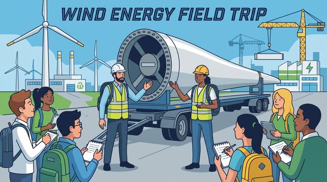 Wind energy field trip concept with engineers leading student tour of wind turbine factory vector illustration