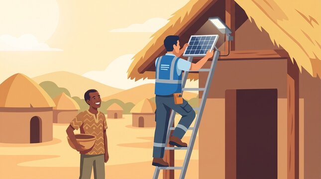 Rural electrification concept with engineer installing solar panel light on traditional hut vector illustration