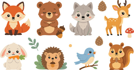 Obraz premium Cute Woodland Animals Vector Icon Set Featuring Cartoon Forest Wildlife Characters and Nature Elements for Baby Nursery Decor, Kids Crafts, and Stickers