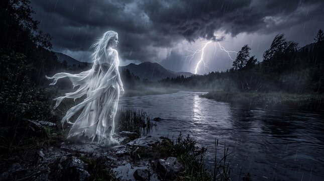 Eerie apparition of a spectral figure rising from the water during a dramatic thunderstorm at night