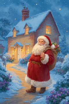 Santa Claus walking along a snowy path towards a warm, illuminated house, bringing presents and holiday cheer in winter