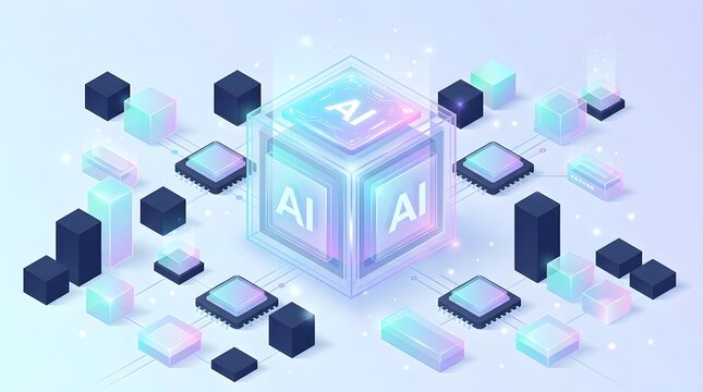 Central AI cube surrounded by processors and abstract geometric shapes