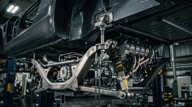 Custom car chassis and suspension system under construction in a workshop