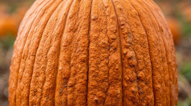 A detailed close up view of a bright vibrant orange pumpkin showcasing intricate ridges and textures ideal for fall and halloween designs