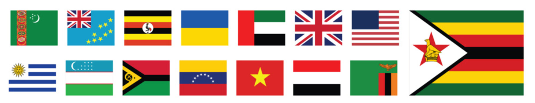 Editable Vector Collection of International Country Flags in a Compact Horizontal Grid Layout, Colorful National Flag Icons for World Travel, Geography, Global Events and Multicultural Design
