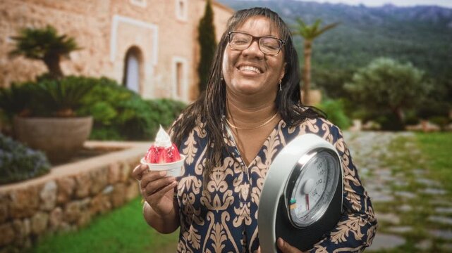 Woman puckers lips holding scale and ice cream cup near arched stone building entrance, wearing patterned blouse and glasses; playful self acceptance.