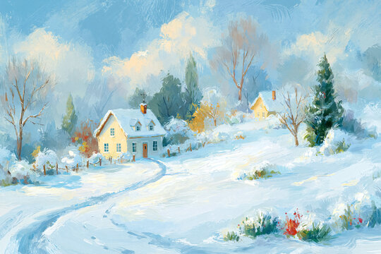 Snow covered house creating idyllic winter landscape, country scene with path leading to cozy home on hill, fine art painting style
