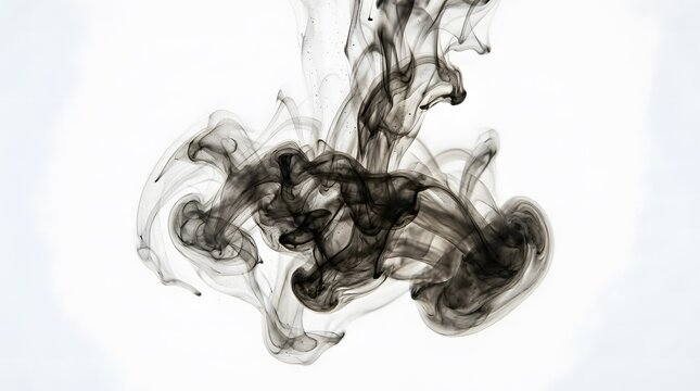 Black ink swirling in clear water, abstract liquid smoke cloud on white background.