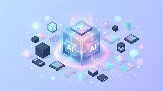 Artificial intelligence concept with glowing cubes and microchips