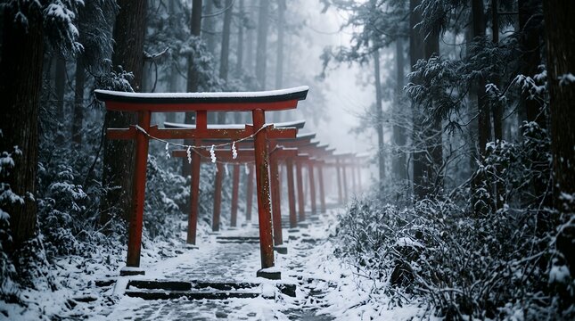 Mystical Red Torii Gates Trail in a Deep Snowy Japanese Winter Forest