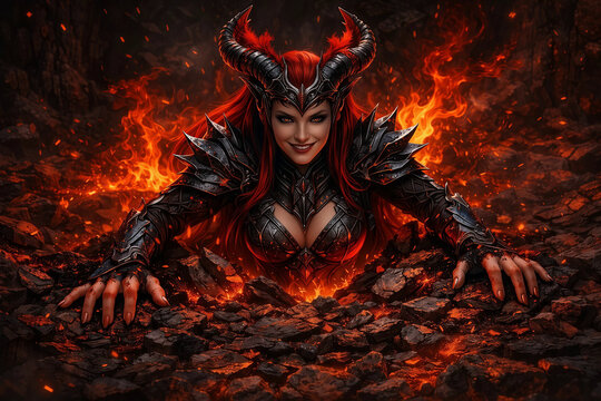 Demonic female warrior rising from molten fire, clad in dark, sharp-edged armor, with glowing red eyes and an intense, infernal atmosphere surrounding her.